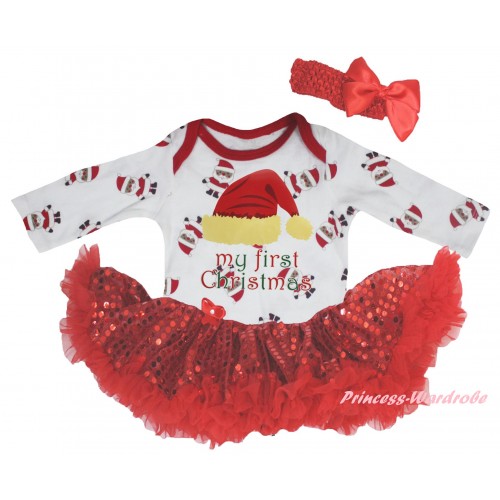 Christmas White Santa Claus Long Sleeve Baby Bodysuit Bling Red Sequins Pettiskirt & My First Christmas Hat Painting JS6121