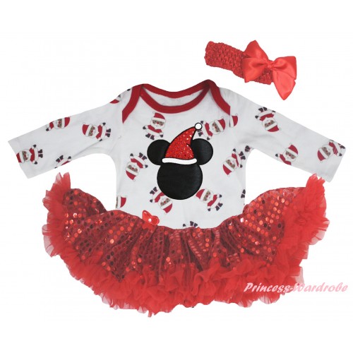 Christmas White Santa Claus Long Sleeve Baby Bodysuit Bling Red Sequins Pettiskirt & Christmas Minnie Print JS6124