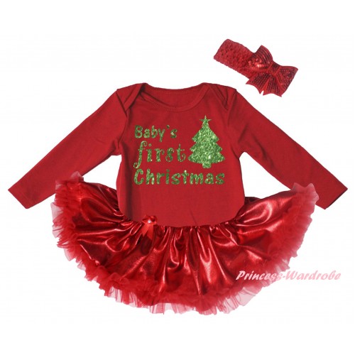 Christmas Red Long Sleeve Baby Bodysuit Bling Red Pettiskirt & Sparkle Baby's First Christmas Tree Painting JS6132