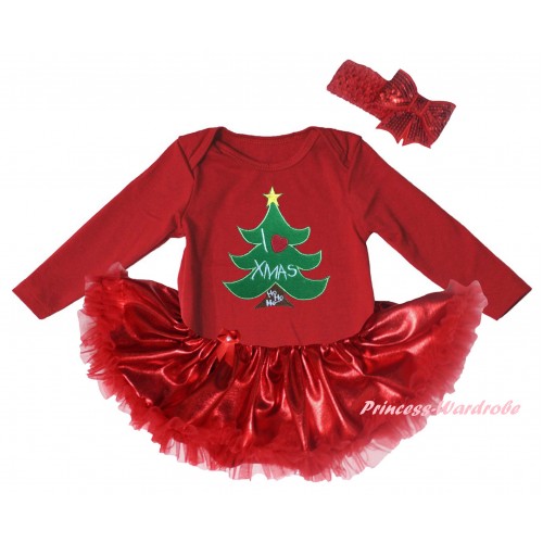 Christmas Red Long Sleeve Baby Bodysuit Bling Red Pettiskirt & Christmas Tree Print JS6134