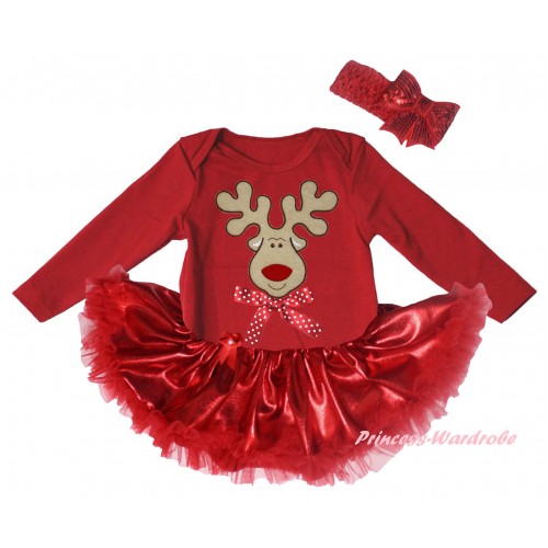 Christmas Red Long Sleeve Baby Bodysuit Bling Red Pettiskirt & Christmas Reindeer Print JS6135