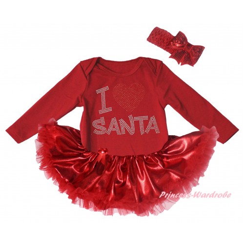 Christmas Red Long Sleeve Baby Bodysuit Bling Red Pettiskirt & Sparkle Rhinestone I Love Santa Print JS6136