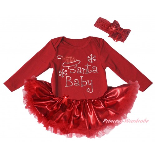 Christmas Red Long Sleeve Baby Bodysuit Bling Red Pettiskirt & Sparkle Rhinestone Santa Baby Print JS6138