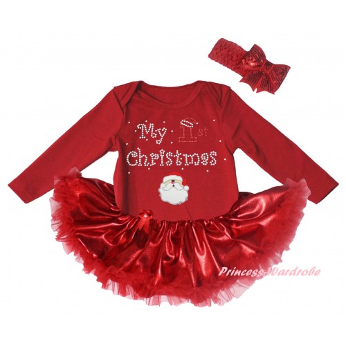 Christmas Red Long Sleeve Baby Bodysuit Bling Red Pettiskirt & Sparkle Rhinestone My 1st Christmas Print & Santa Claus Print JS6139
