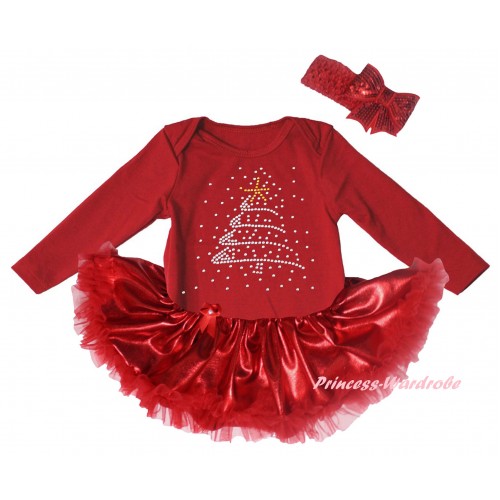 Christmas Red Long Sleeve Baby Bodysuit Bling Red Pettiskirt & Sparkle Rhinestone Christmas Tree Print JS6140