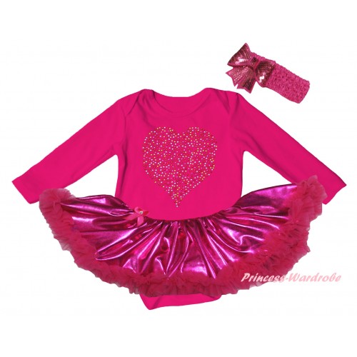 Valentine's Day Hot Pink Long Sleeve Baby Bodysuit Bling Hot Pink Pettiskirt & Sparkle Crystal Bling Rhinestone Rainbow Heart Print JS6144