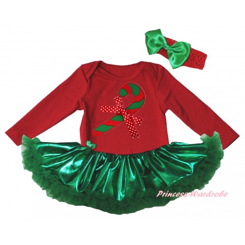 Christmas Red Long Sleeve Baby Bodysuit Bling Kelly Green Pettiskirt & Christmas Stick Print JS6150