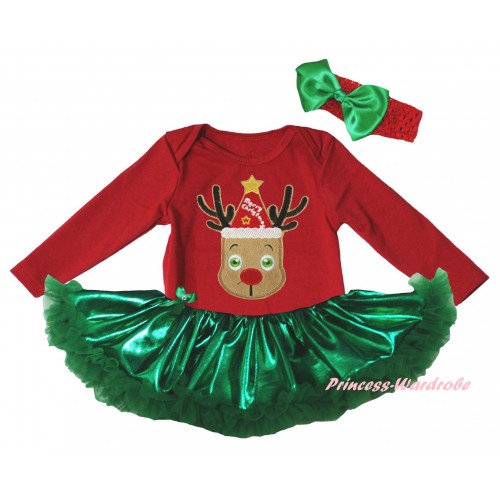 Christmas Red Long Sleeve Baby Bodysuit Bling Kelly Green Pettiskirt & Red Hat Reindeer Print JS6151
