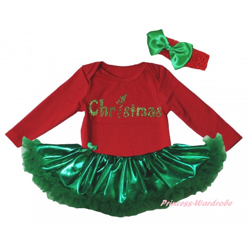 Christmas Red Long Sleeve Baby Bodysuit Bling Kelly Green Pettiskirt & Sparkle Christmas Painting JS6154