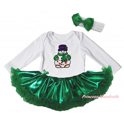 Christmas White Long Sleeve Baby Bodysuit Bling Kelly Green Pettiskirt & Christmas Scarf Snowman JS6160