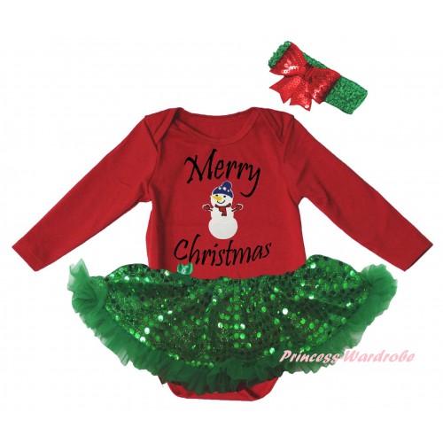 Christmas Red Long Sleeve Baby Bodysuit Bling Kelly Green Sequins Pettiskirt & Big Nose Snowman Print JS6164