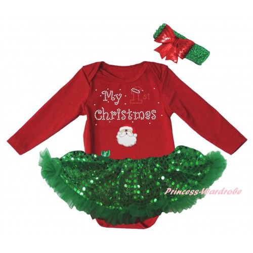 Christmas Red Long Sleeve Baby Bodysuit Bling Kelly Green Sequins Pettiskirt & Sparkle Rhinestone My 1st Christmas Print & Christmas Santa Print JS6169