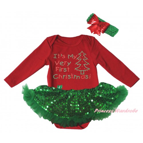 Christmas Red Long Sleeve Baby Bodysuit Bling Kelly Green Sequins Pettiskirt & Sparkle Rhinestone It's My Very First Christmas Print JS6170