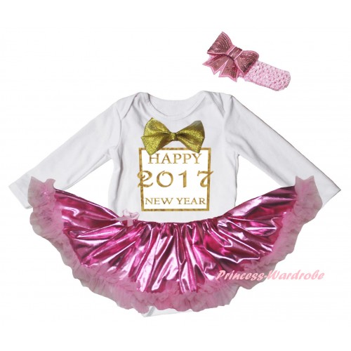 White Long Sleeve Baby Bodysuit Bling Light Pink Pettiskirt & Sparkle Gold bow Happy 2017 New Year Painting JS6174