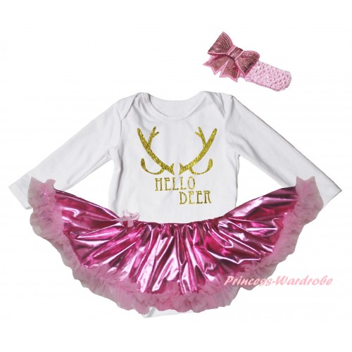 Christmas White Long Sleeve Baby Bodysuit Bling Light Pink Pettiskirt & Sparkle Gold Hello Deer Painting JS6175