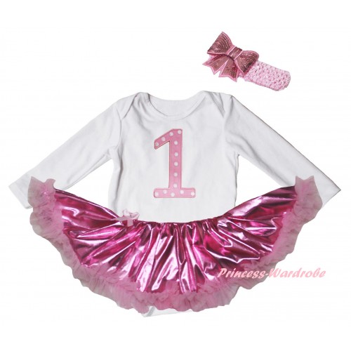 White Long Sleeve Baby Bodysuit Bling Light Pink Pettiskirt & 1st Light Pink White Dots Birthday Number Print JS6178