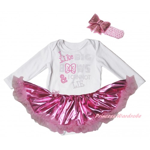 White Long Sleeve Baby Bodysuit Bling Light Pink Pettiskirt & Sparkle Rhinestone I Like Big Bows Print JS6180