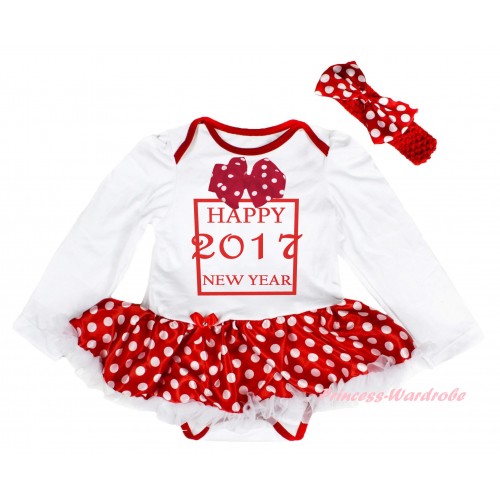 White Long Sleeve Baby Bodysuit Jumpsuit Minnie Dots White Pettiskirt & Sparkle Hot Pink White bow Happy 2017 New Year Painting JS6190