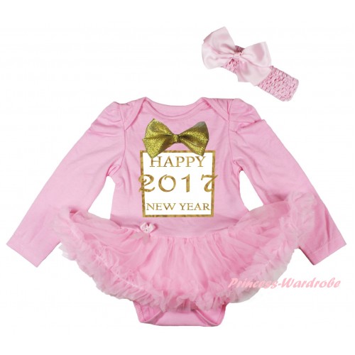 Light Pink Long Sleeve Baby Bodysuit Light Pink Pettiskirt & Sparkle Gold bow Happy 2017 New Year Painting JS6191