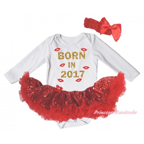 White Long Sleeve Baby Bodysuit Red Sequins Pettiskirt & Sparkle Born In 2017 Painting JS6193