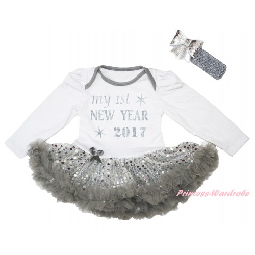 White Long Sleeve Baby Bodysuit Silver Sequins Grey Pettiskirt & Sparkle My 1st New Year 2017 Painting JS6194