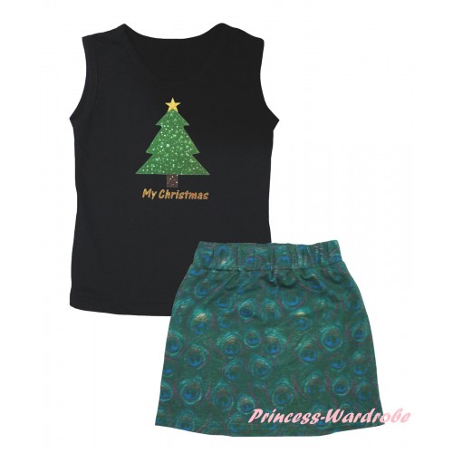 Christmas Black Tank Top My Christmas Tree Painting & Peacock Girls Skirt Set MG2632