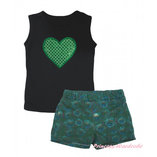 Black Tank Top Sparkle Kelly Green Heart Print & Peacock Girls Pantie Set MG2641
