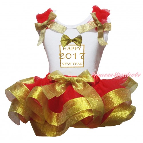 White Pettitop Red Ruffles Gold Bow & Sparkle Gold bow Happy 2017 New Year Painting & Red Gold Trimmed Pettiskirt MG2654
