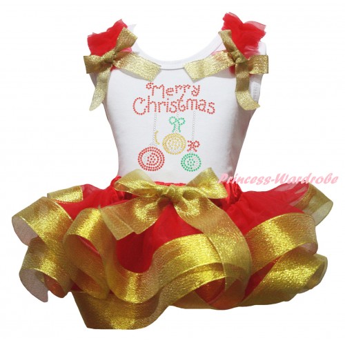 Christmas White Pettitop Red Ruffles Gold Bow & Sparkle Rhinestone Christmas Lights Print & Red Gold Trimmed Pettiskirt MG2659