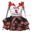 Christmas White Pettitop Red Green Checked Ruffles Red Bow & Merry Christmas Painting & Christmas Stocking Print &  Black Red Green Checked Trimmed Pettiskirt MG2671
