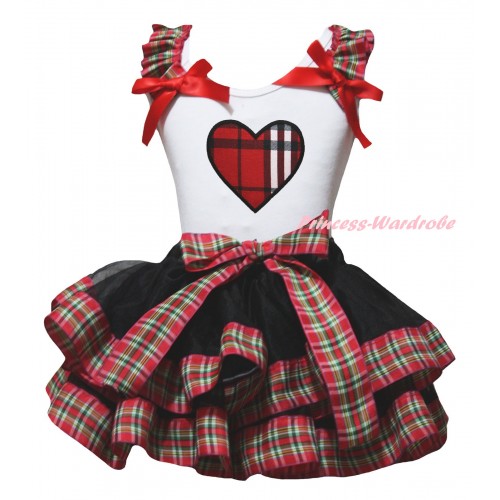 White Pettitop Red Green Checked Ruffles Red Bow & Red Black Checked Heart Print & Black Red Green Checked Trimmed Pettiskirt MG2672