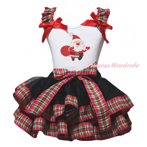 Christmas White Pettitop Red Green Checked Ruffles Red Bow & Santa Claus Print & Black Red Green Checked Trimmed Pettiskirt MG2674