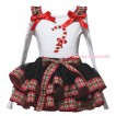 Christmas White Pettitop Red Green Checked Ruffles Red Bow & Christmas Stick Print & Black Red Green Checked Trimmed Pettiskirt MG2675