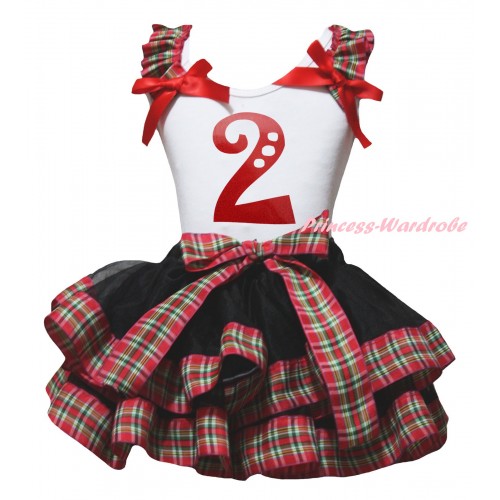 White Pettitop Red Green Checked Ruffles Red Bow & 2nd Birthday Number Painting & Black Red Green Checked Trimmed Pettiskirt MG2677