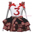 White Pettitop Red Green Checked Ruffles Red Bow & 3rd Birthday Number Painting & Black Red Green Checked Trimmed Pettiskirt MG2678