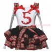 White Pettitop Red Green Checked Ruffles Red Bow & 5th Birthday Number Painting & Black Red Green Checked Trimmed Pettiskirt MG2680