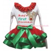 Christmas White Pettitop Red Green Dots Lacing & Baby's First Christmas Painting & Christmas Reindeer Print & Red Kelly Green Trimmed Pettiskirt MG2694