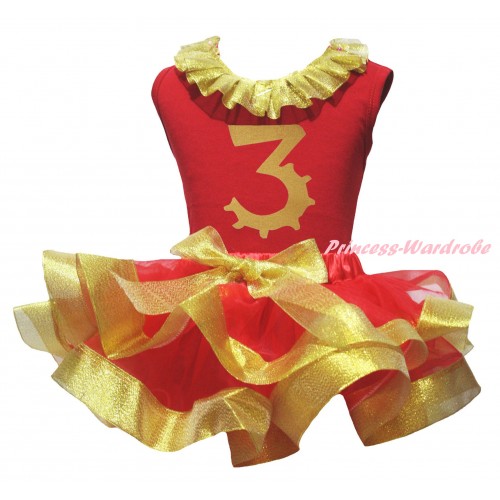 Red Pettitop Gold Lacing & 3rd Birthday Number Painting & Red Gold Trimmed Pettiskirt MG2703