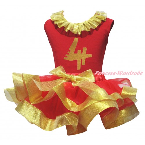 Red Pettitop Gold Lacing & 4th Birthday Number Painting & Red Gold Trimmed Pettiskirt MG2704