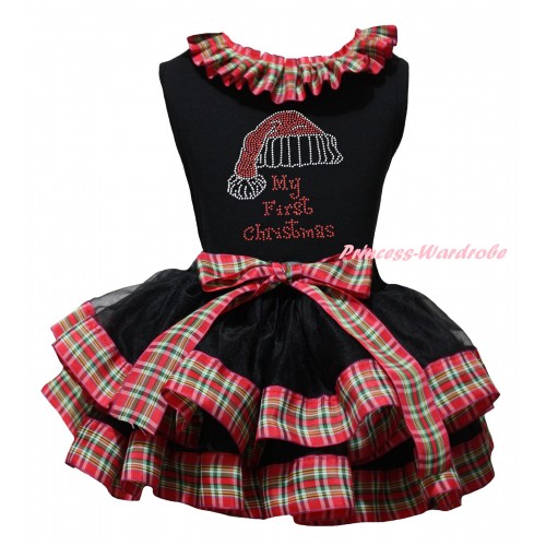 Christmas Black Pettitop Red Green Checked Lacing & Sparkle Rhinestone My First Christmas Print & Black Red Green Checked Trimmed Pettiskirt MG2712