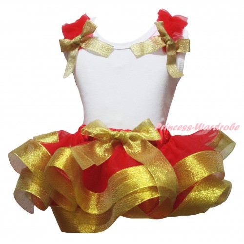 White Baby Pettitop Red Ruffles Gold Bow & Red Gold Trimmed Newborn Pettiskirt NG2262