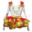 Christmas White Baby Pettitop Red Ruffles Gold Bow & Sparkle Gold Hello Deer Painting & Red Gold Trimmed Newborn Pettiskirt NG2271