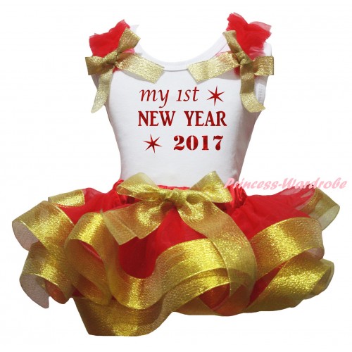 White Baby Pettitop Red Ruffles Gold Bow & Sparkle My 1st New Year 2017 Painting & Red Gold Trimmed Newborn Pettiskirt NG2272