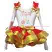 Christmas White Baby Pettitop Red Ruffles Gold Bow & Sparkle Rhinestone Christmas Lights Print & Red Gold Trimmed Newborn Pettiskirt NG2275