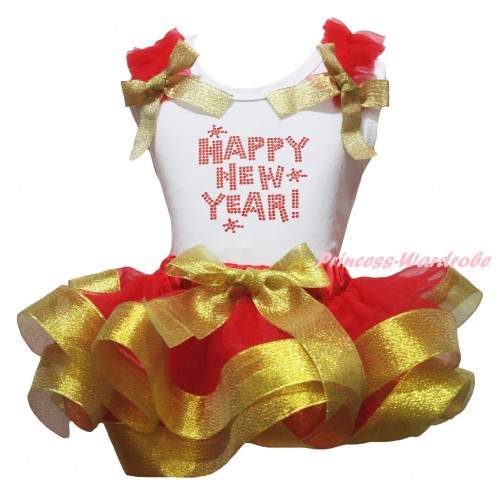 White Baby Pettitop Red Ruffles Gold Bow & Sparkle Rhinestone Happy New Year Print & Red Gold Trimmed Newborn Pettiskirt NG2276