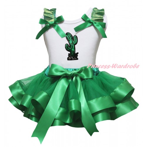 Cinco De Mayo White Baby Pettitop Kelly Green Ruffles Bow & Sparkle Sequins Cactus Print & Kelly Green Trimmed Newborn Pettiskirt NG2283
