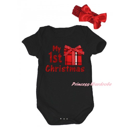 Christmas Black Baby Jumpsuit & Sparkle My 1st Christmas Painting & Gift Print & Red Headband Red Bow TH785