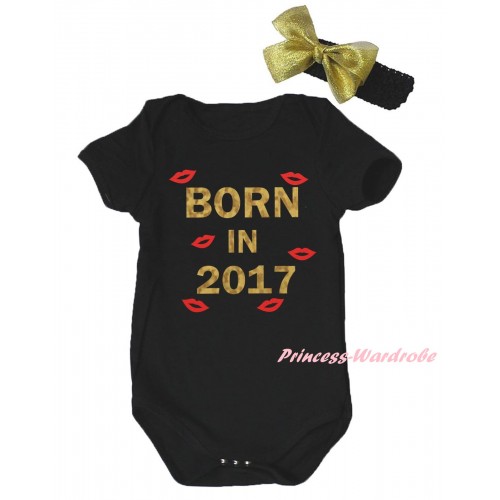 Black Baby Jumpsuit & Sparkle Born In 2017 Painting & Black Headband Gold Bow TH789