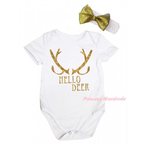 Christmas White Baby Jumpsuit & Sparkle Hello Deer Painting & White Headband Gold Bow TH792
