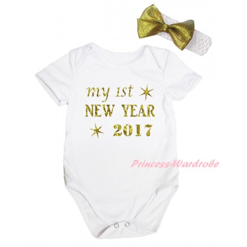 White Baby Jumpsuit & Sparkle My 1st New Year 2017 Painting & White Headband Gold Bow TH794